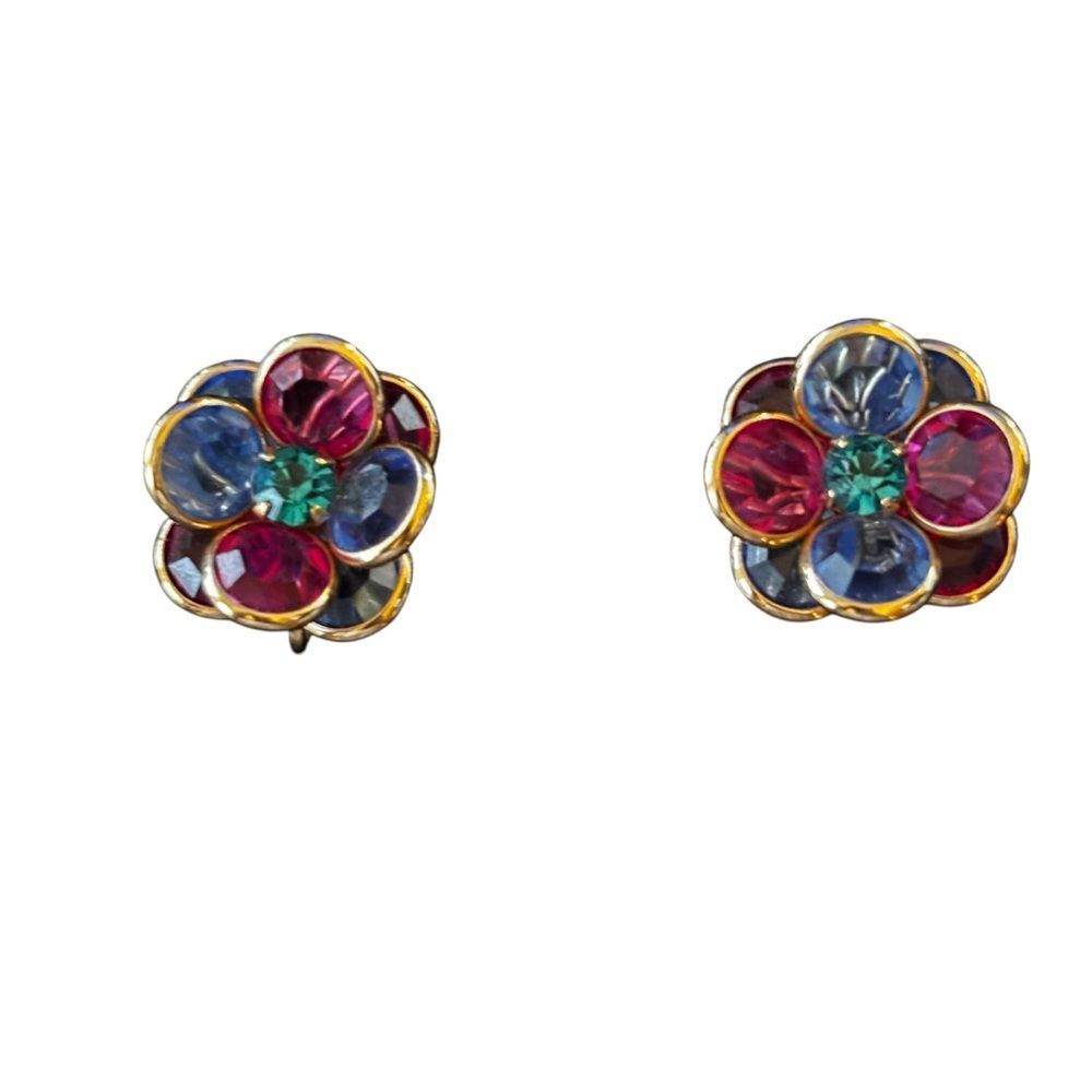 Vintage Floral Clip-On Earrings Gold-Tone Multicolor Gemstone Retro Jewelry - Picture 4 of 4